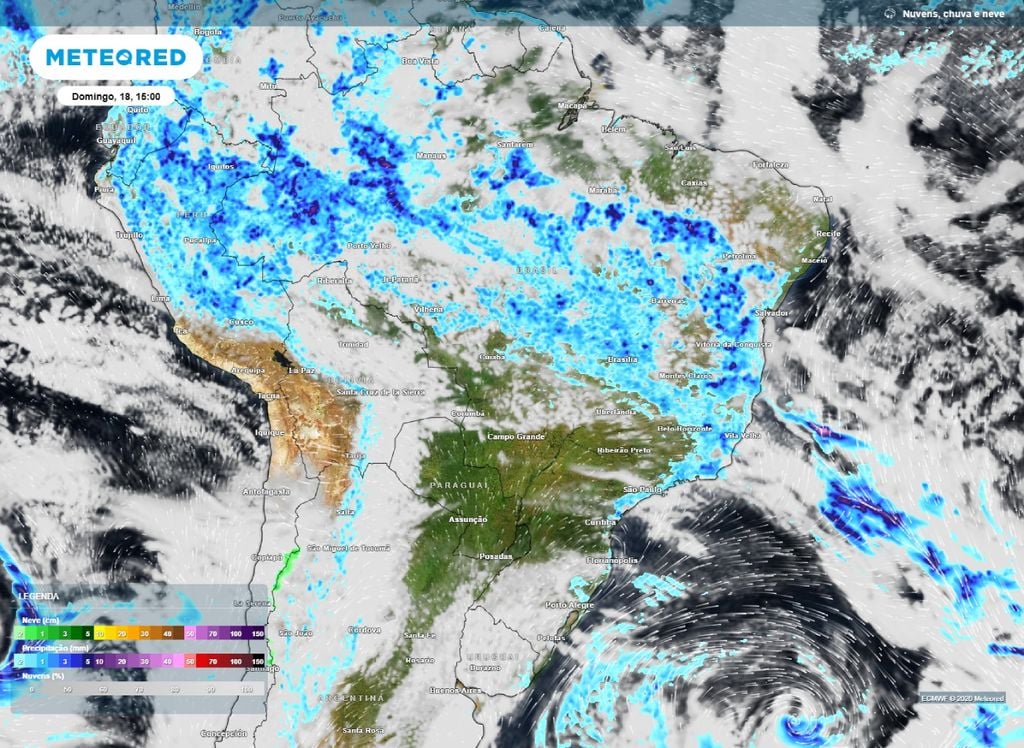 Precipitação e nebulosidade Precipitação e nebulosidade prevista para a tarde deste domingo (18).