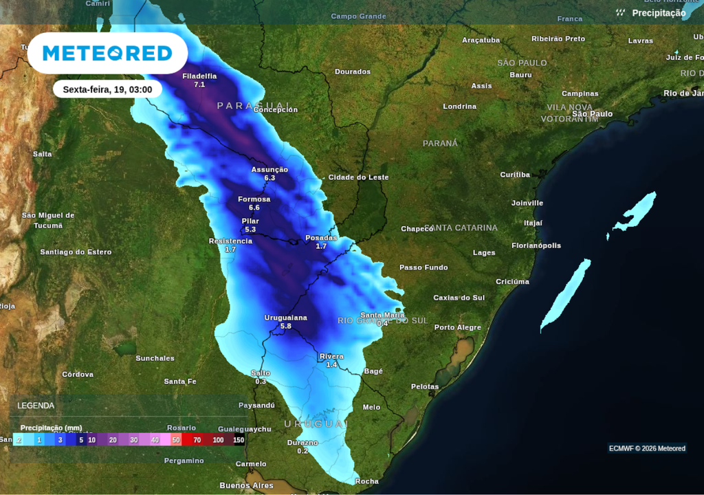 Previsão de chuva para a madrugada de sexta-feira (19), segundo o ECMWF. Previsão de chuva para a madrugada de sexta-feira (19), segundo o ECMWF.