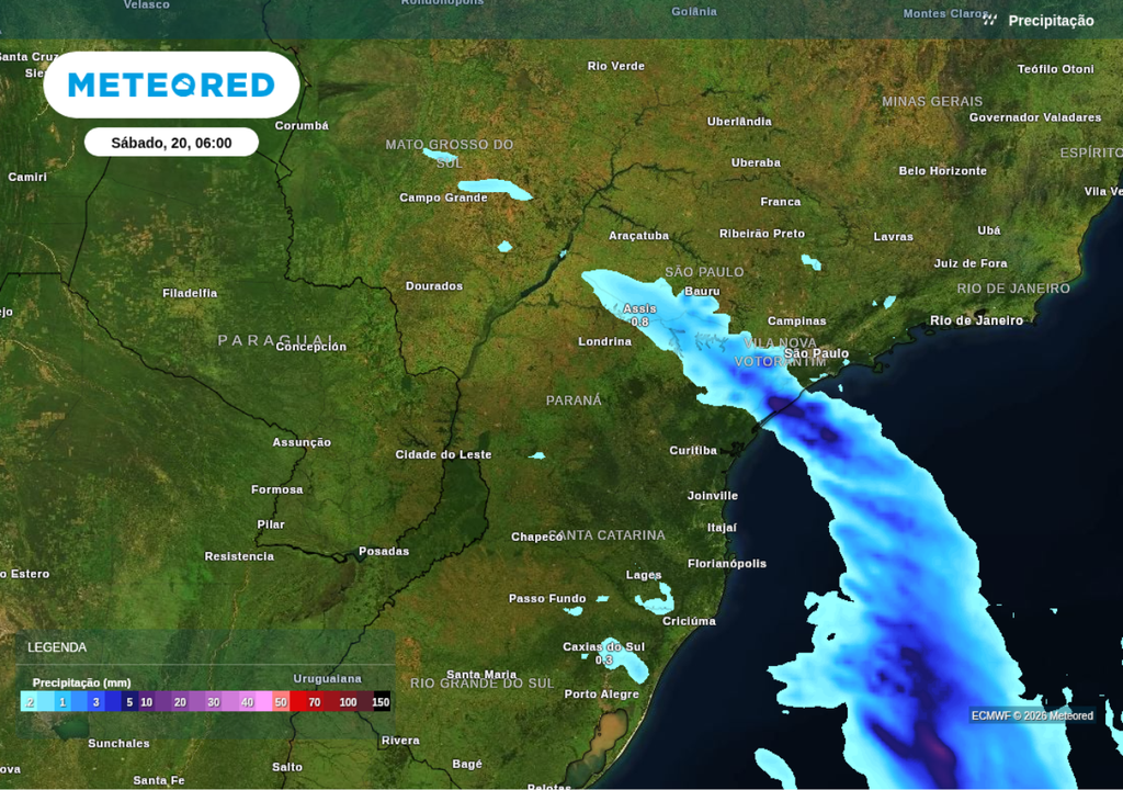 Previsão de chuva para sábado (20), segundo o ECMWF. Previsão de chuva para sábado (20), segundo o ECMWF.