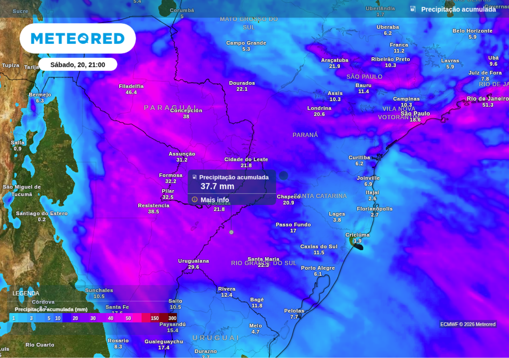 Previsão de chuva acumulada até a noite de sábado (20), segundo o ECMWF. Previsão de chuva acumulada até a noite de sábado (20), segundo o ECMWF.
