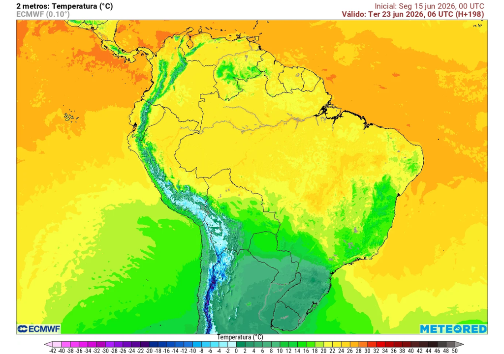 Previsão de temperatura para a madrugada de terça-feira (23), segundo o ECMWF. Previsão de temperatura para a madrugada de terça-feira (23), segundo o ECMWF.