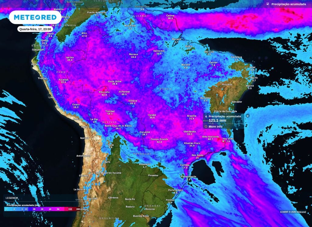 Precipitação acumulada para esta quarta-feira (17). Precipitação acumulada para esta quarta-feira (17).