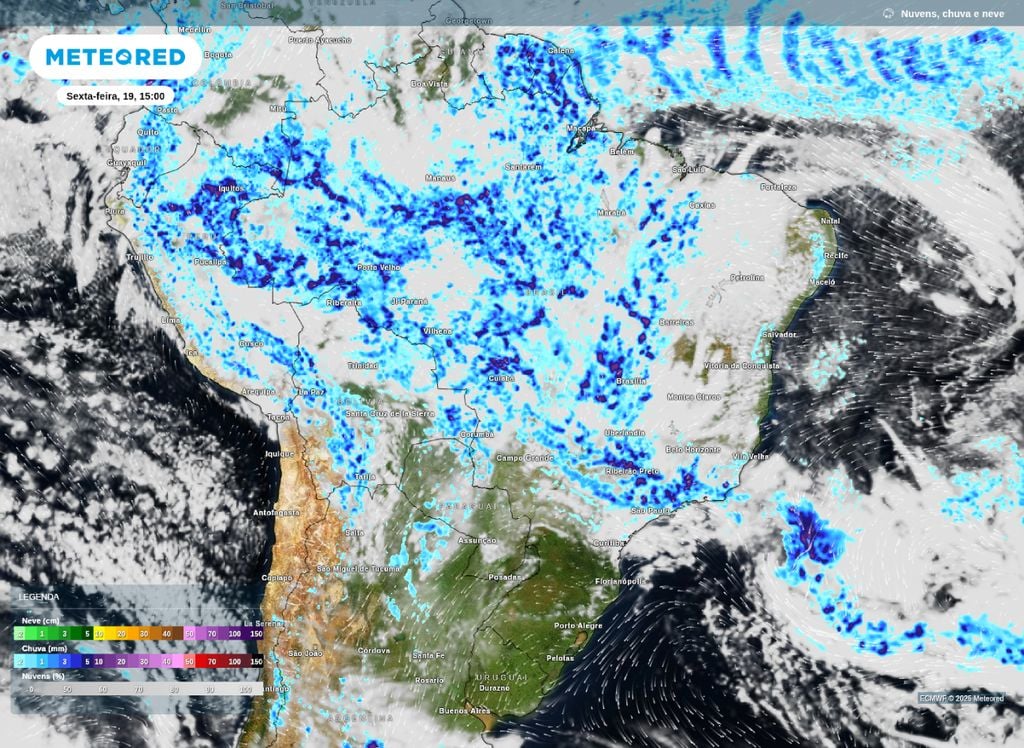 Previsão de nebulosidade e chuva para a tarde desta sexta-feira (19), segundo o modelo ECMWF. Previsão de nebulosidade e chuva para a tarde desta sexta-feira (19), segundo o modelo ECMWF.