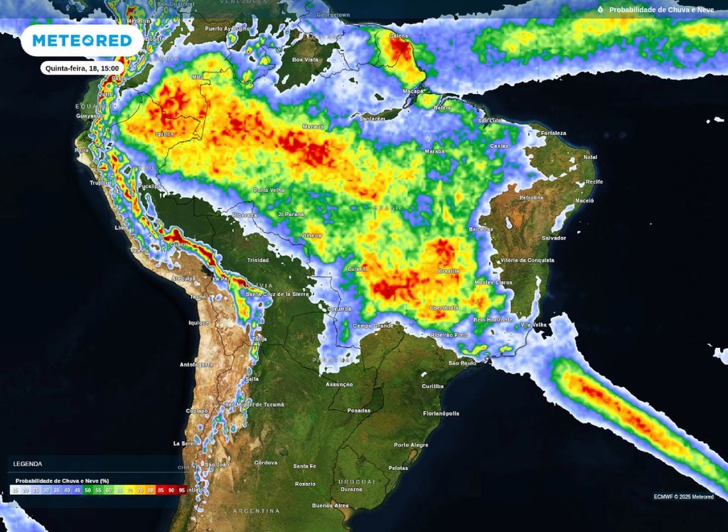 Probabilidade de precipitação para esta quinta-feira (18). Probabilidade de precipitação para esta quinta-feira (18).