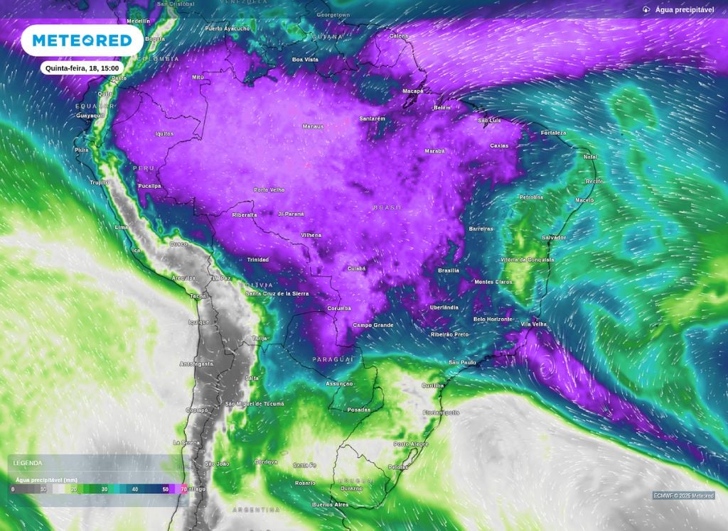 Água precipitável disponível para esta quinta-feira (18). Água precipitável disponível para esta quinta-feira (18).