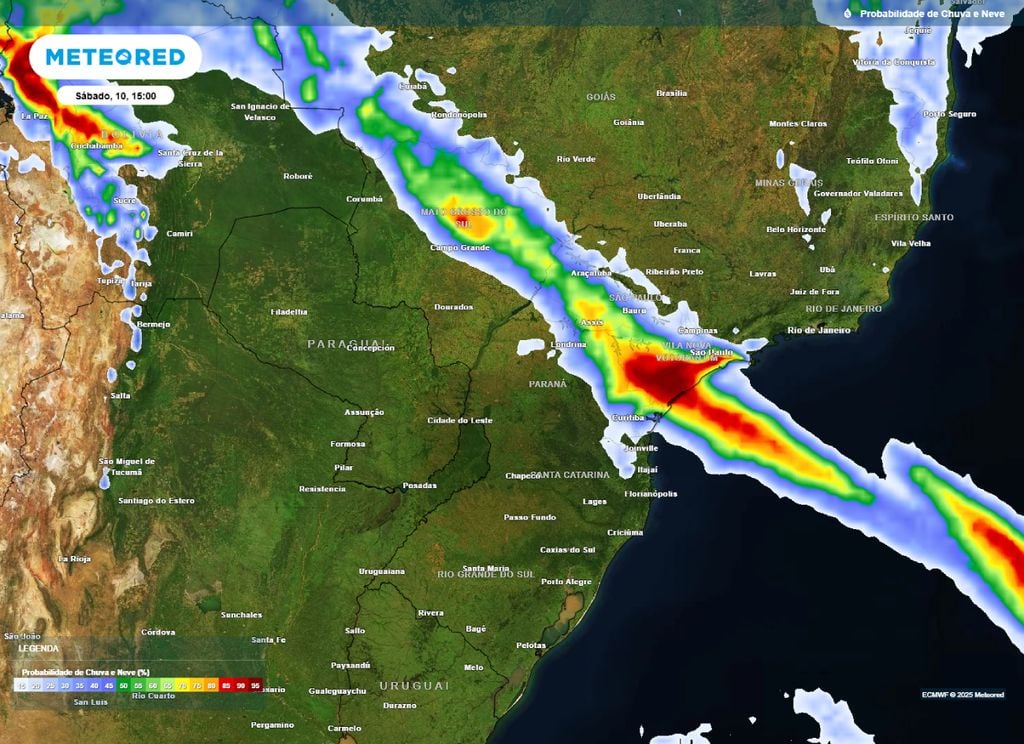 Mapa de probabilidade de precipitação para a tarde de sábado (10), segundo o modelo ECMWF. Mapa de probabilidade de precipitação para a tarde de sábado (10), segundo o modelo ECMWF.