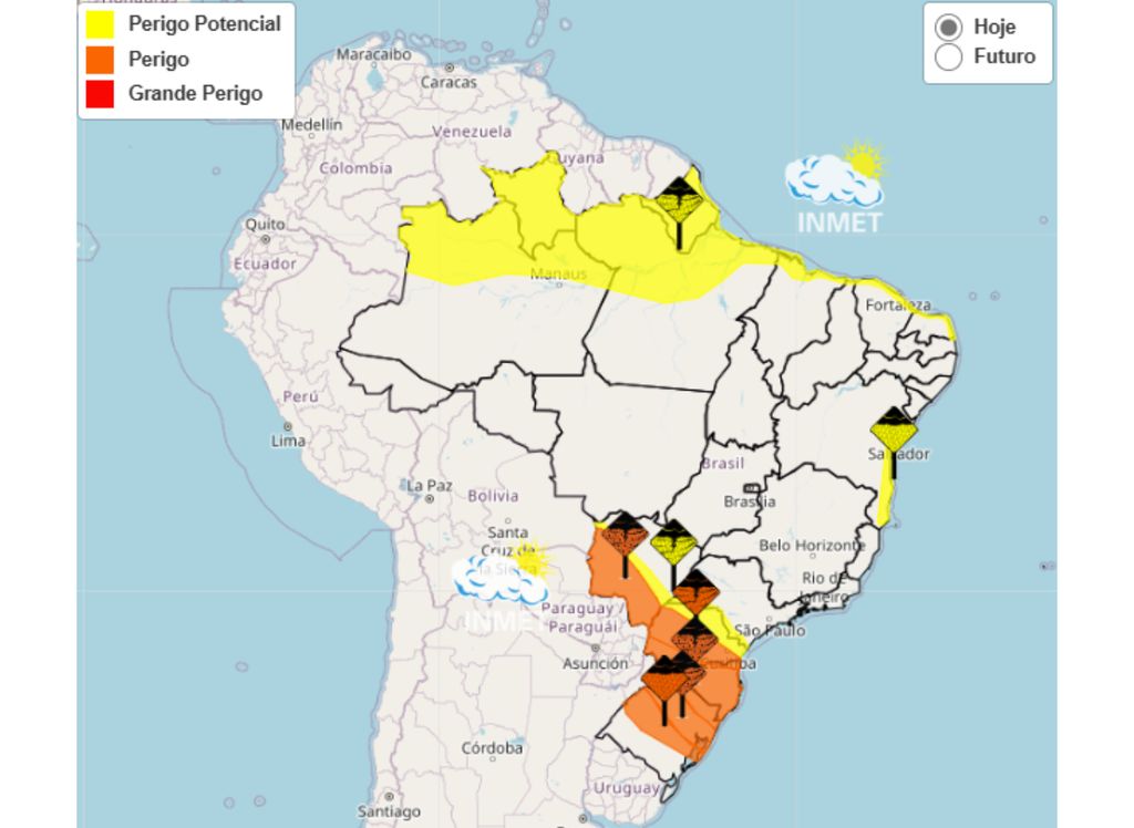 Mapa de alertas do Instituto Nacional de Meteorologia (INMET) para esta sexta-feira (09) e manhã de sábado (10). Mapa de alertas do Instituto Nacional de Meteorologia (INMET) para esta sexta-feira (09) e manhã de sábado (10).