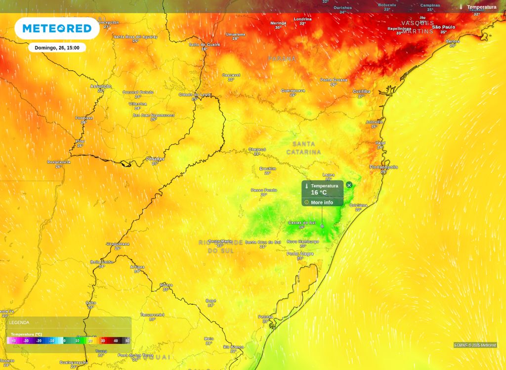 Temperatura máxima prevista para a Região Sul neste domingo (26).