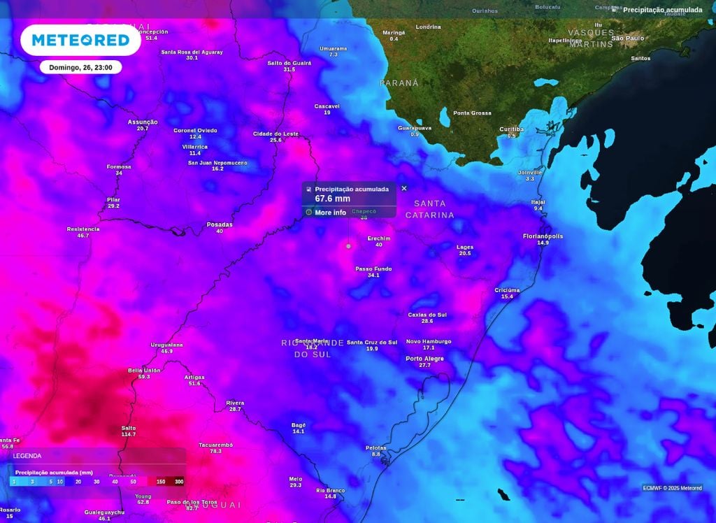 Precipitação acumulada prevista entre sábado (25) e domingo (26).