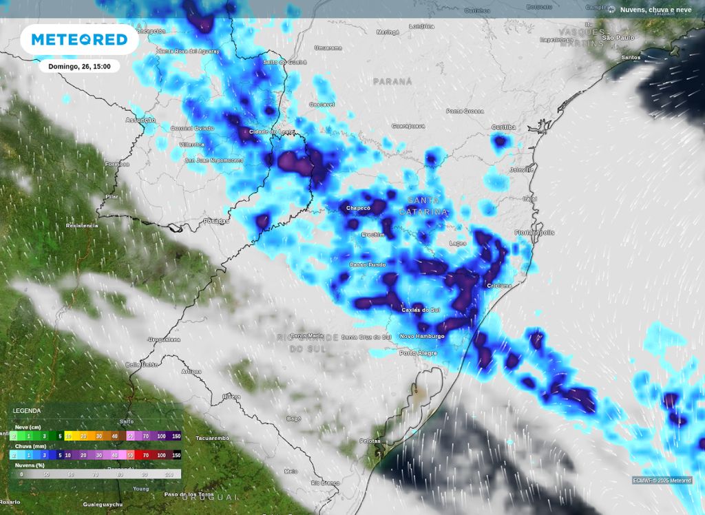 Previsão de precipitação para a tarde de domingo (26) sobre os estados da Região Sul.