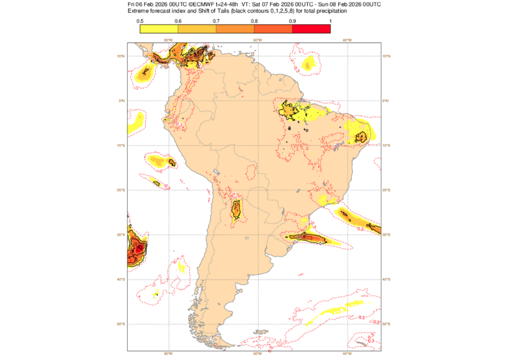 EFI do ECMWF para precipitação neste sábado (7). Créditos: ECMWF.