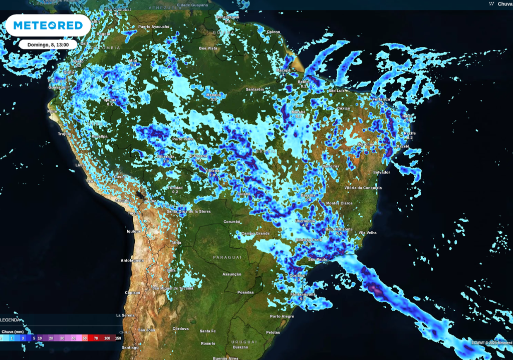 Previsão de chuva no domingo (8), de acordo com o ECWMF.