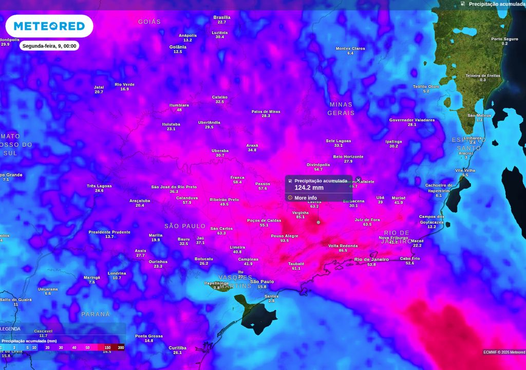 Previsão de chuva acumulada até domingo (8), de acordo com o ECMWF.