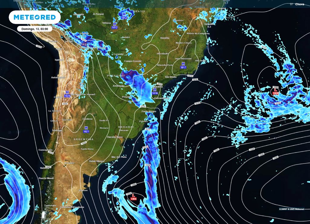 Mapa de precipitação prevista para a madrugada de domingo (13). Mapa de precipitação prevista para a madrugada de domingo (13).