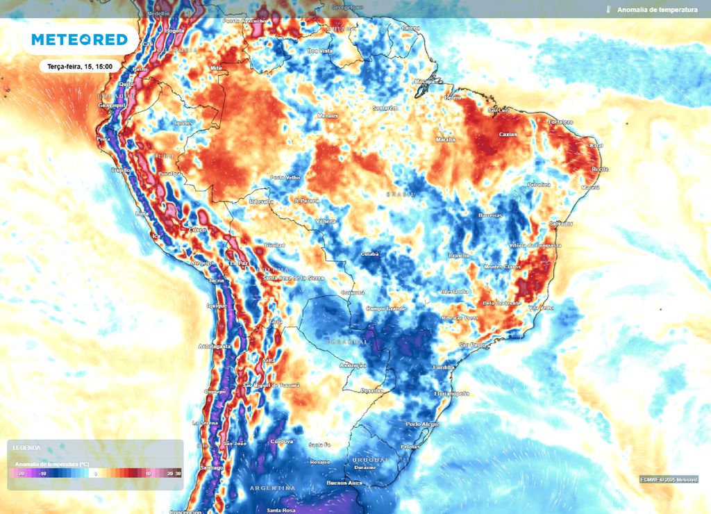 Mapa de anomalia de temperatura para a tarde de terça-feira (15), segundo o modelo ECMWF. Mapa de anomalia de temperatura para a tarde de terça-feira (15), segundo o modelo ECMWF.