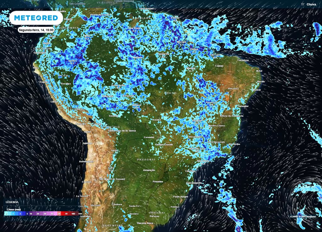 Mapa de precipitação prevista para a tarde de segunda-feira (14), segundo o modelo ECMWF. Mapa de precipitação prevista para a tarde de segunda-feira (14), segundo o modelo ECMWF.