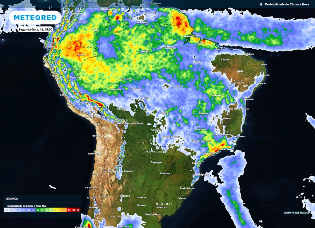 Mapa de probabilidade de chuva sobre o Brasil para a tarde de segunda-feira (14). Mapa de probabilidade de chuva sobre o Brasil para a tarde de segunda-feira (14).