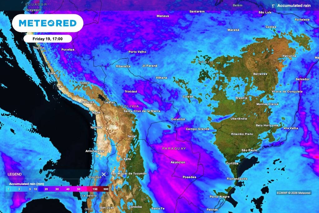 Chuva acumulada até sexta-feira (19) indica aumento da umidade entre Mato Grosso do Sul, Mato Grosso e Rondônia, áreas onde a frente fria pode interferir nas operações do algodão.