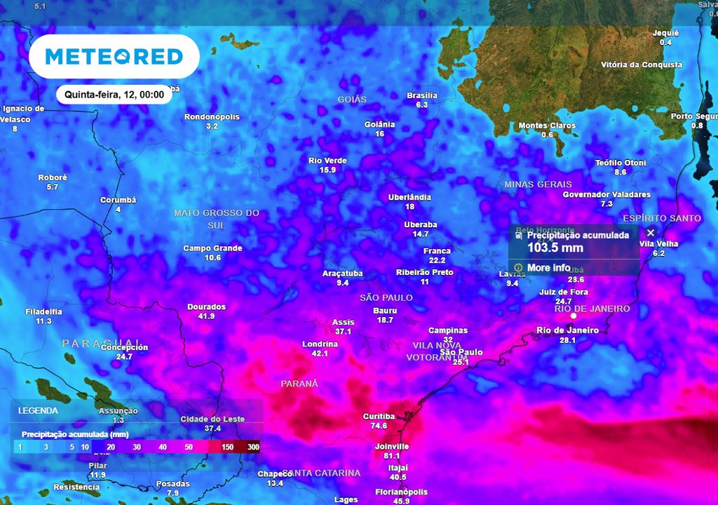 Mapa de acumulados totais de chuva até o fim da quarta-feira.