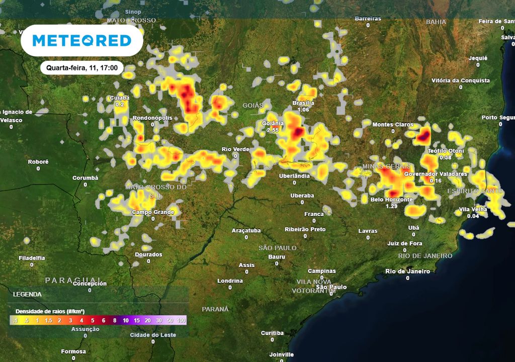 Previsão de densidade de raios na quarta-feira de tarde.
