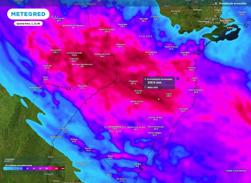 A previsão indica grandes acumulados de chuva até quarta-feira (1). Áreas do norte do RS podem registrar 200 mm, enquanto que oeste da Região Sul, os acumulados ficam acima de 100 mm.