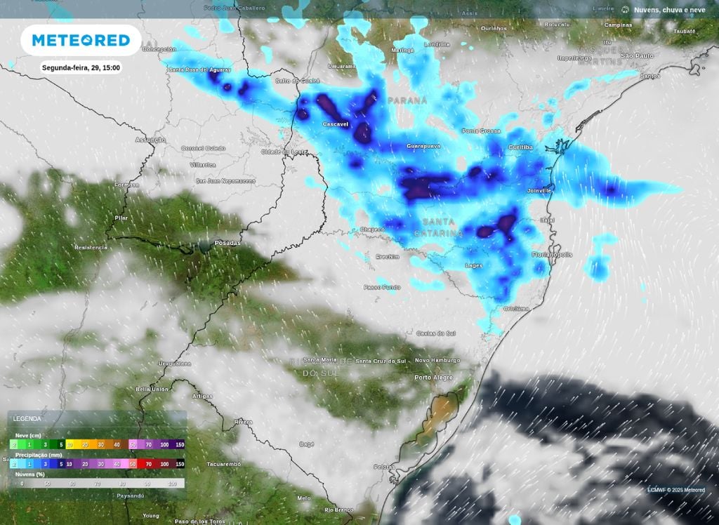 Precipitação prevista para a tarde de segunda-feira (29).