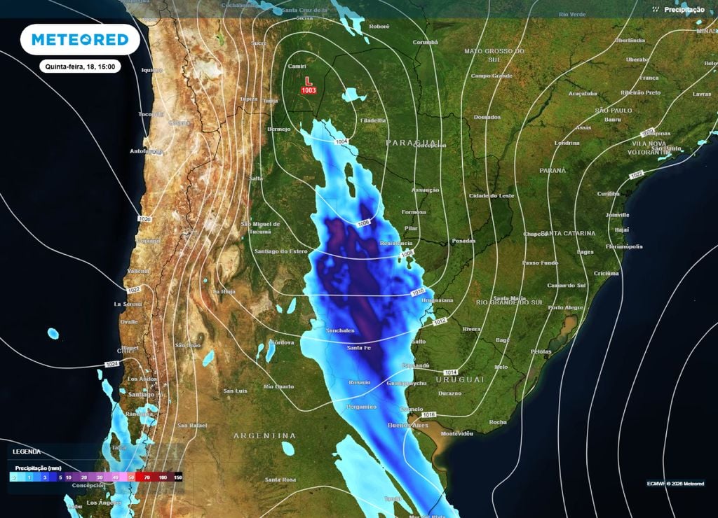 Previsão de chuva e pressão para a tarde da quinta-feira, 18 de junho.