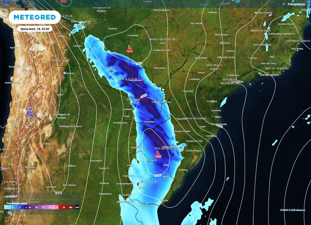 Previsão de chuva e pressão para a madrugada da sexta-feira, 19 de junho.