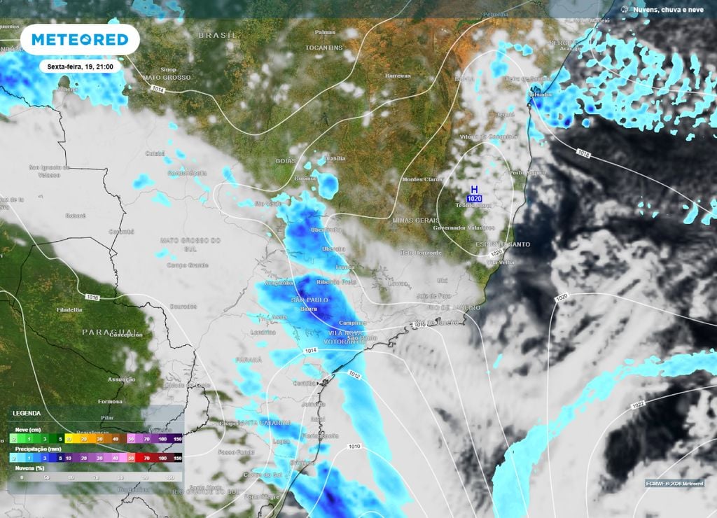 Previsão de chuva, nebulosidade e pressão para noite da sexta-feira, 19 de junho.