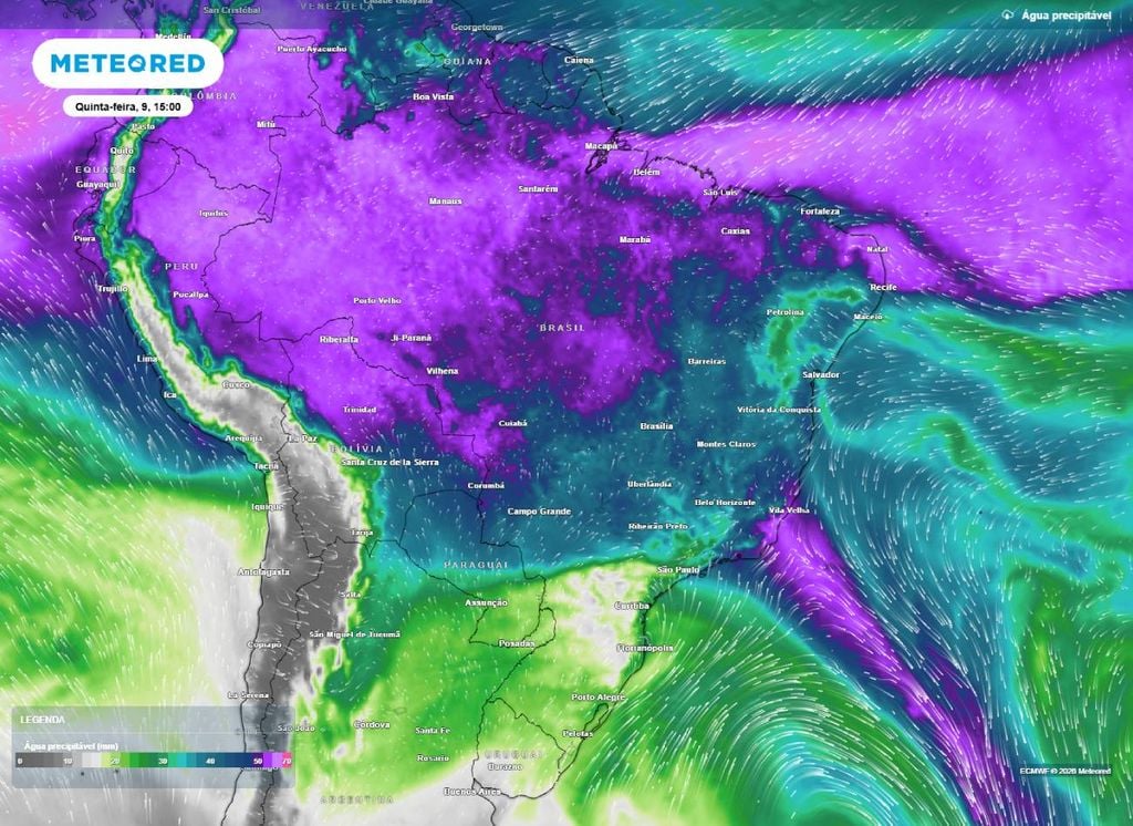 Água precipitável para a tarde desta quinta (9) mostra que após o avanço da frente fria o tempo fica estável com pouca água disponível para precipitar.