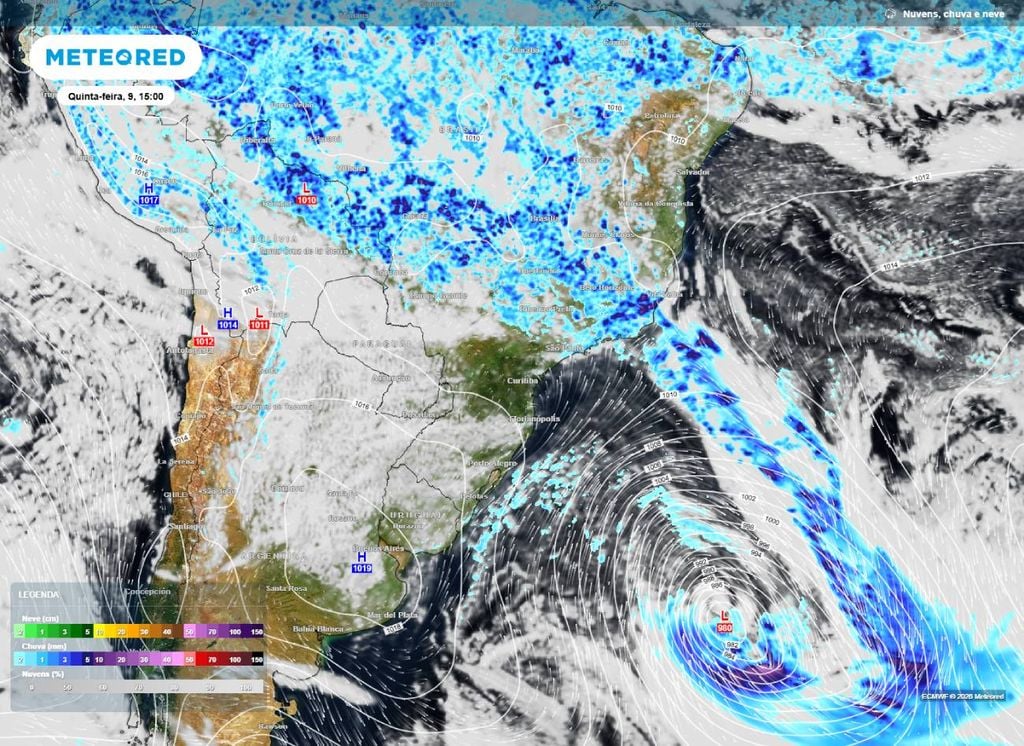 Previsão de chuva, nebulosidade e pressão a nível médio do mar para a tarde de quinta-feira (9). O mapa mostra o ciclone extratropical se afastando do continente.