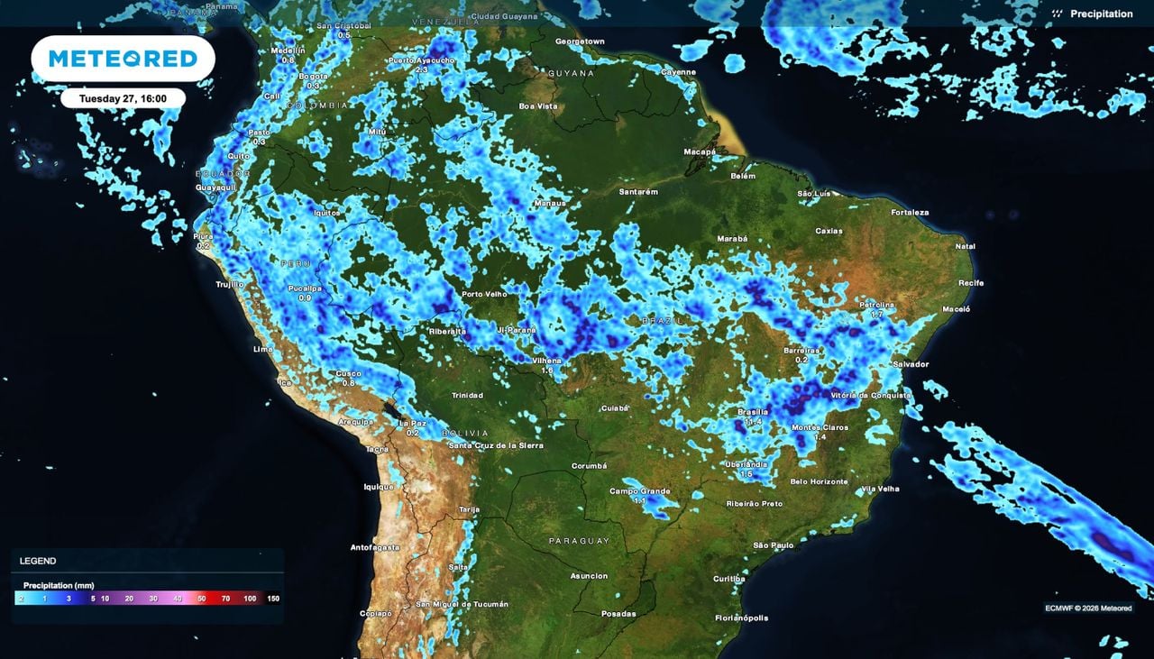 Previsão de precipitação para a tarde de terça-feira, 27 de outubro.