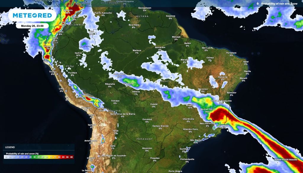 Previsão de probabilidade de chuva para segunda-feira (26).