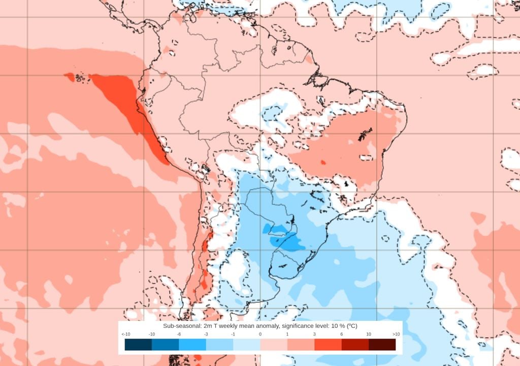 Previsão de anomalias de temperatura entre os dias 15 e 22 de Junho (modelo ECMWF) mostra uma anomalia negativa intensa no Sul e uma anomalia positiva intensa ao Norte.