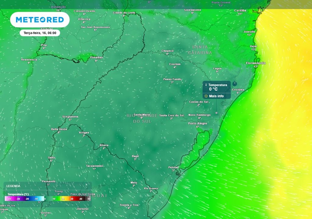 Previsão de temperaturas mínimas ao longo da madrugada de terça-feira mostra que grande parte dos municípios do Rio Grande do Sul e de Santa Catarina registrarão 0°C ou menos.