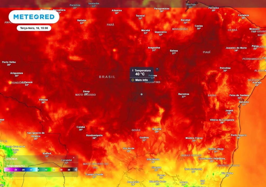 Previsão de temperaturas máximas ao longo da tarde de terça-feira mostra que diversos municípios do centro-norte do país registrarão máximas altíssimas, de até 40°C, semana que vem.