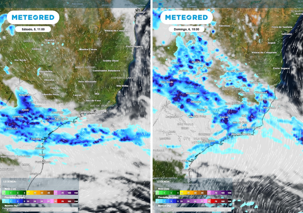 Previsão de precipitação (mm) e nebulosidade para sábado (5) às 11h à esquerda e para domingo (6) às 15h à direita, segundo o modelo europeu ECMWF.