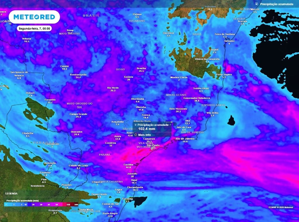 Previsão da precipitação acumulada (mm) até a noite do domingo (6), segundo o modelo europeu ECMWF.