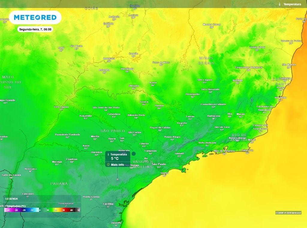 Previsão da temperatura mínima do ar (°C) para segunda-feira, 7 de setembro, segundo o modelo europeu ECMWF.