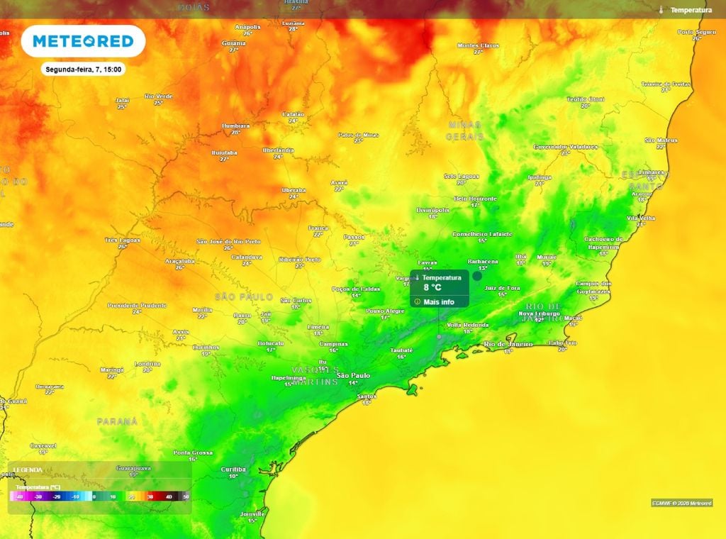 Previsão da temperatura máxima do ar (°C) para segunda-feira, 7 de setembro, segundo o modelo europeu ECMWF.