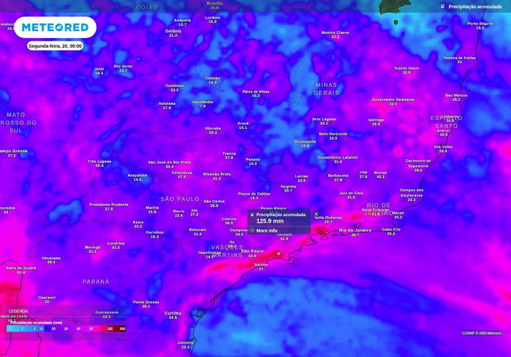 Previsão de chuva acumulada até o final de domingo (19), de acordo com o ECMWF.