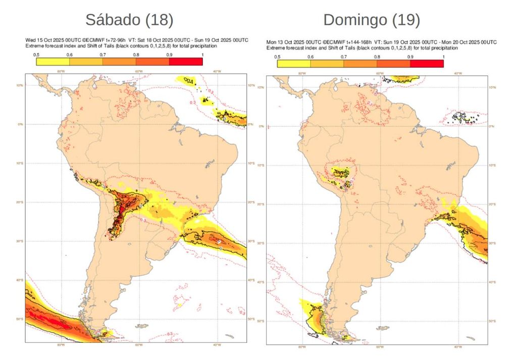 EFI do ECMWF para precipitação neste sábado (esquerda) e domingo (direita).