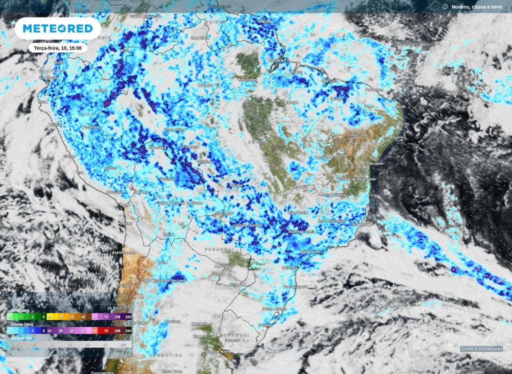 Previsão de chuva e nebulosidade para a tarde desta terça (10), segundo o modelo ECMWF.