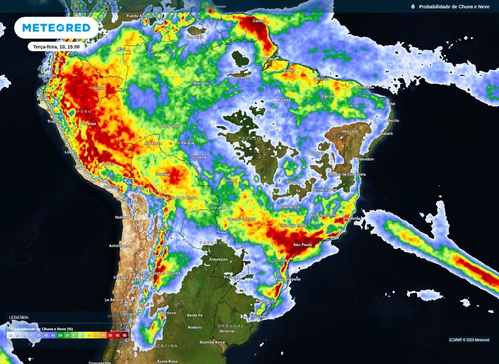 Probabilidade de chuva para a tarde desta terça (10), segundo o modelo ECMWF.