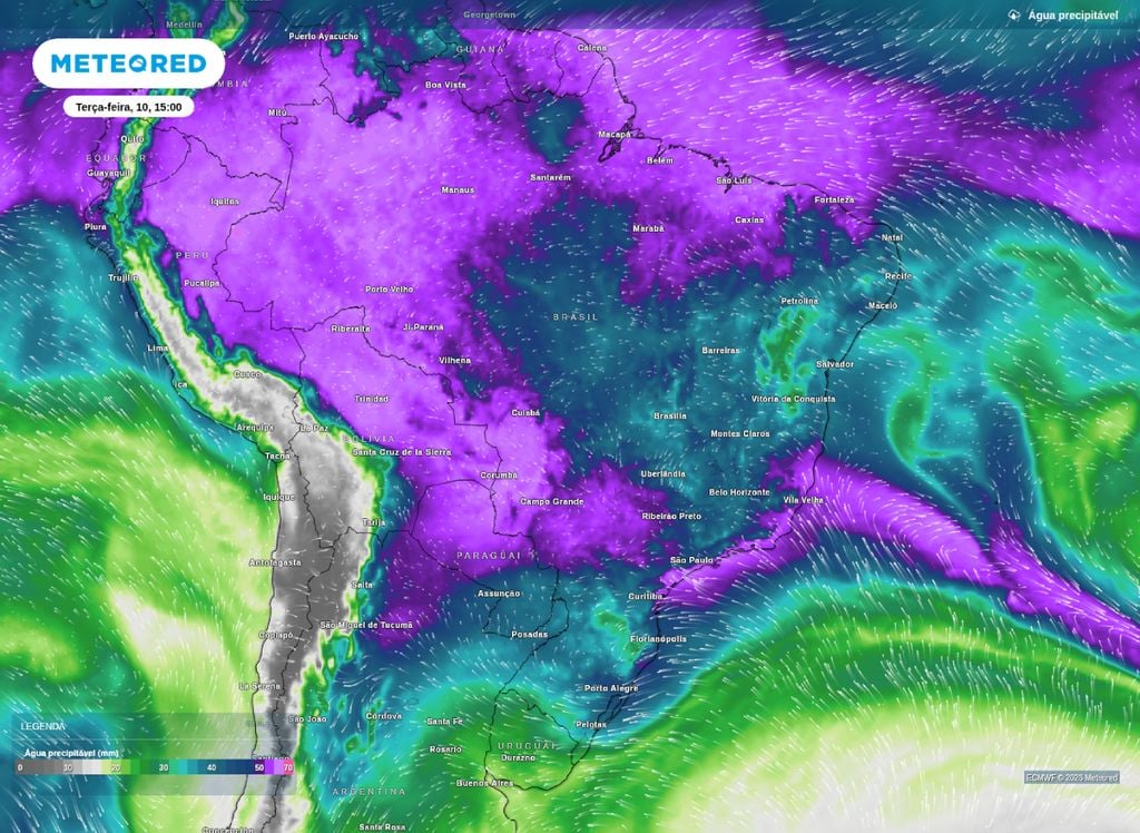 Água precipitável e vetores de vento para a tarde desta terça (10), segundo o modelo ECMWF.