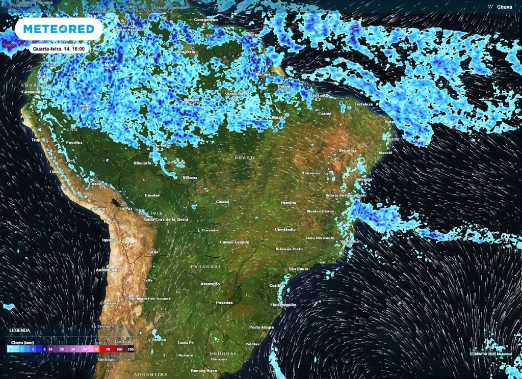 Mapa de precipitação prevista para a tarde de quarta-feira, 14, que indica a presença da frente fria no litoral baiano | Imagem: Meteored/Reprodução
