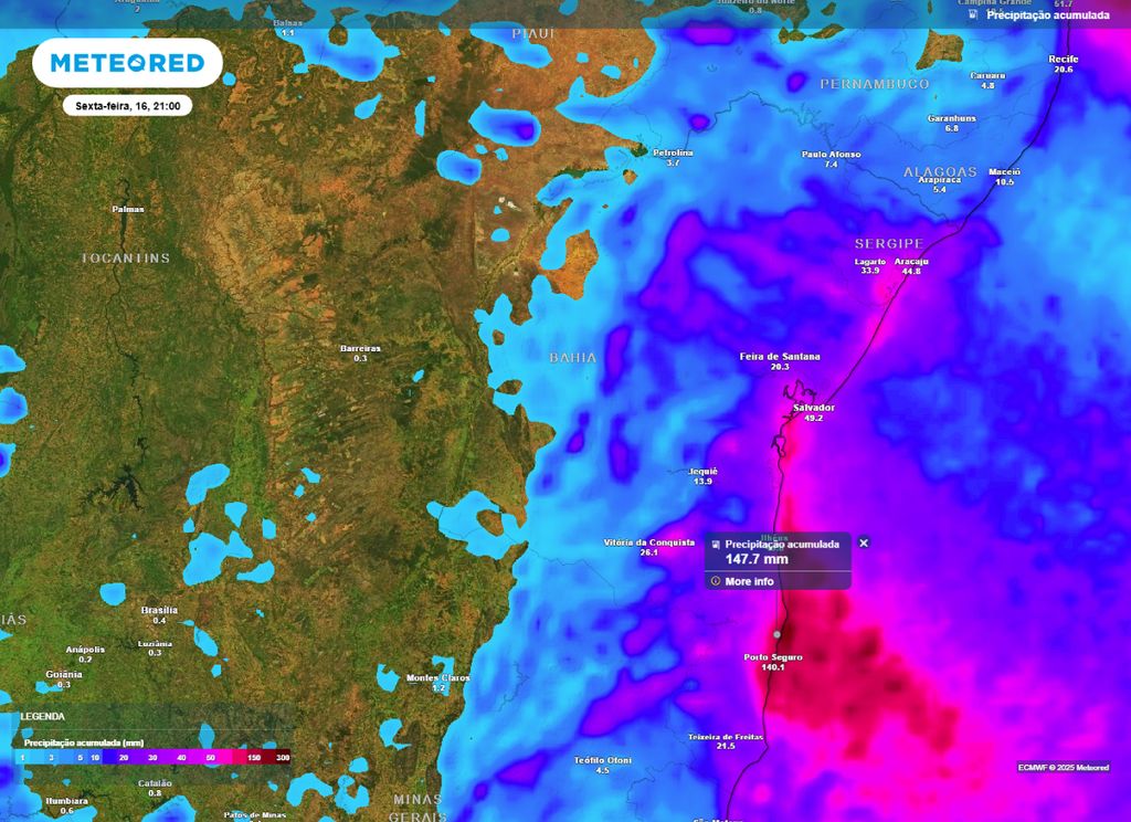 Mapa de precipitação acumulada para a Bahia entre a segunda (12) e sexta-feira (16). Mapa de precipitação acumulada para a Bahia entre a segunda (12) e sexta-feira (16).