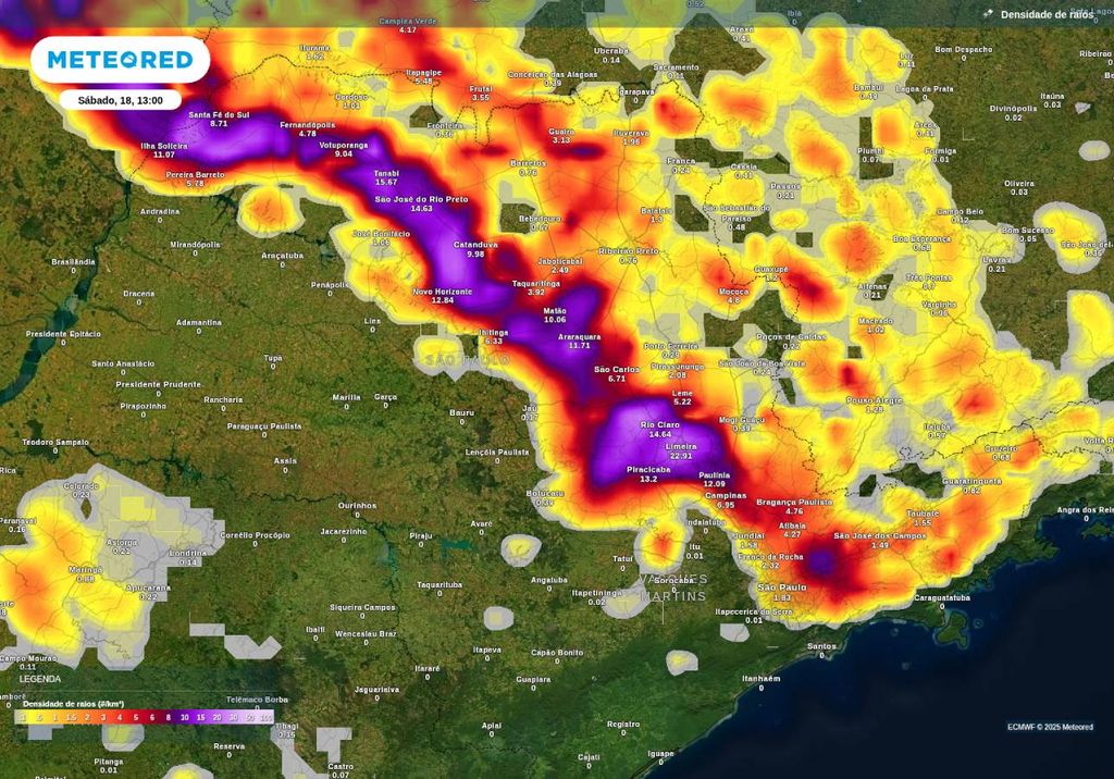 Previsão de tempestades neste sábado (18), de acordo com o ECMWF. Previsão de tempestades neste sábado (18), de acordo com o ECMWF.