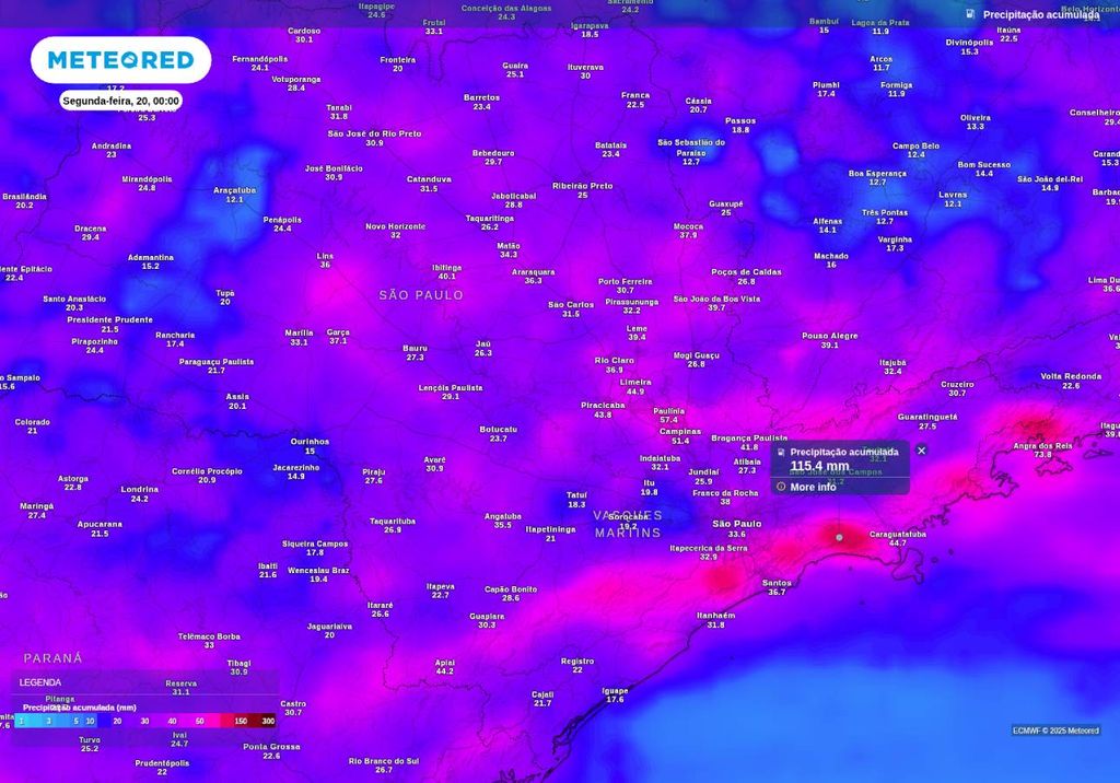 Previsão de chuva acumulada até o final do domingo (19), de acordo com o ECMWF. Previsão de chuva acumulada até o final do domingo (19), de acordo com o ECMWF.