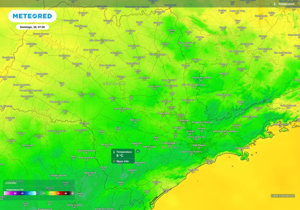Previsão de temperatura mínima neste domingo (19), de acordo com o ECMWF. Previsão de temperatura mínima neste domingo (19), de acordo com o ECMWF.